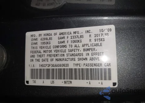 2010 Honda Accord 2.4 Lx from USA, damaged, VIN 1HGCP2F34AA040620